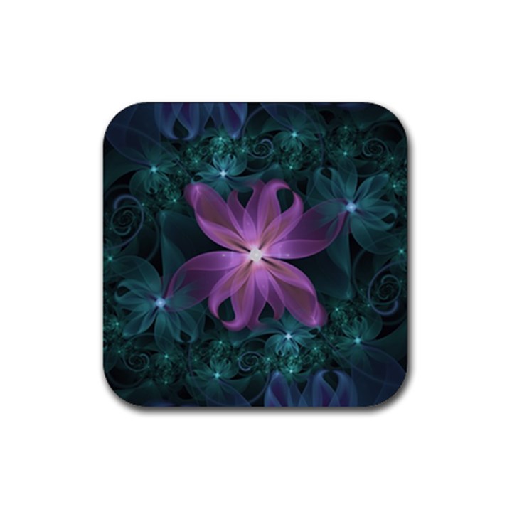 Pink and Turquoise Wedding Cremon Fractal Flowers Rubber Coaster (Square) 