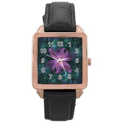 Pink And Turquoise Wedding Cremon Fractal Flowers Rose Gold Leather Watch  by jayaprime