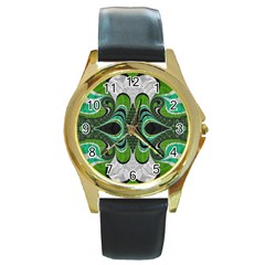 Fractal Art Green Pattern Design Round Gold Metal Watch by BangZart