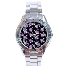 Flowers Pattern Background Lilac Stainless Steel Analogue Watch by BangZart