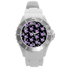 Flowers Pattern Background Lilac Round Plastic Sport Watch (l) by BangZart