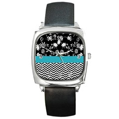 Flowers Turquoise Pattern Floral Square Metal Watch by BangZart