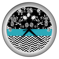 Flowers Turquoise Pattern Floral Wall Clocks (silver)  by BangZart