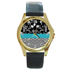 Flowers Turquoise Pattern Floral Round Gold Metal Watch by BangZart