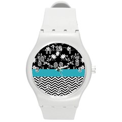 Flowers Turquoise Pattern Floral Round Plastic Sport Watch (m) by BangZart