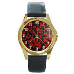 Black Red Tiles Checkerboard Round Gold Metal Watch by BangZart