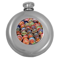 Colorful Oriental Bowls On Local Market In Turkey Round Hip Flask (5 Oz) by BangZart