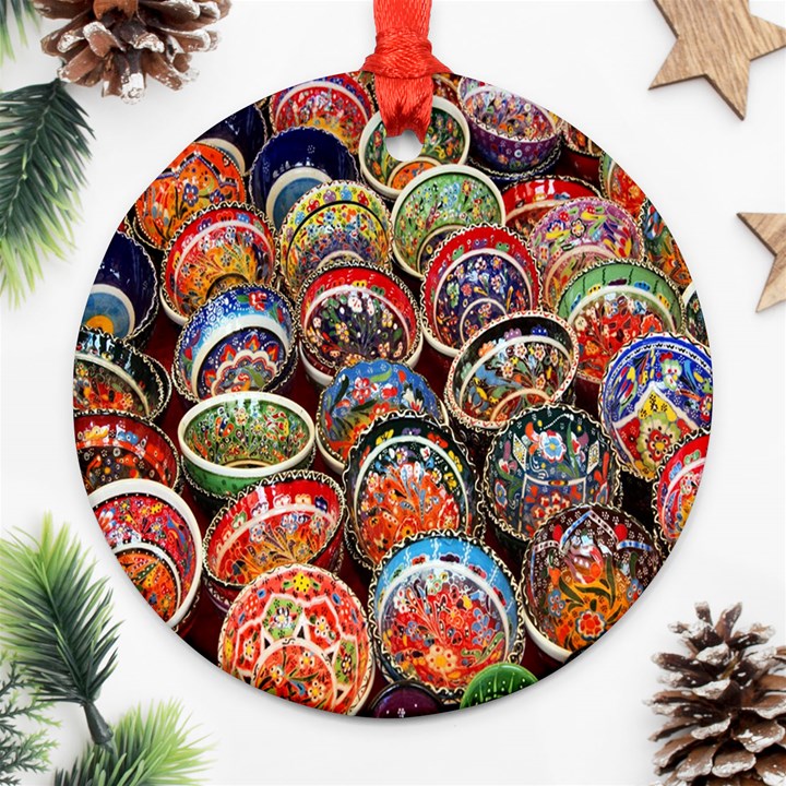 Colorful Oriental Bowls On Local Market In Turkey Round Ornament (Two Sides)