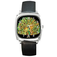 Unusual Peacock Drawn With Flame Lines Square Metal Watch by BangZart