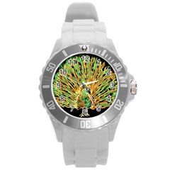 Unusual Peacock Drawn With Flame Lines Round Plastic Sport Watch (l) by BangZart