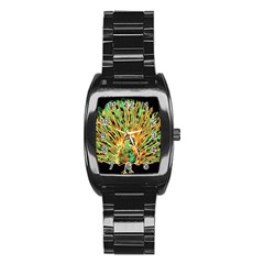 Unusual Peacock Drawn With Flame Lines Stainless Steel Barrel Watch by BangZart