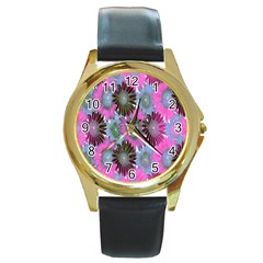 Floral Pattern Background Round Gold Metal Watch by BangZart