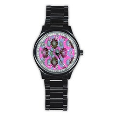 Floral Pattern Background Stainless Steel Round Watch by BangZart