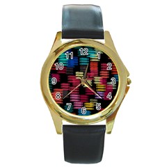 Colorful Horizontal Paint Strokes                         Round Gold Metal Watch by LalyLauraFLM