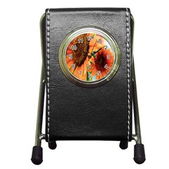 Sunflower Art  Artistic Effect Background Pen Holder Desk Clocks by BangZart