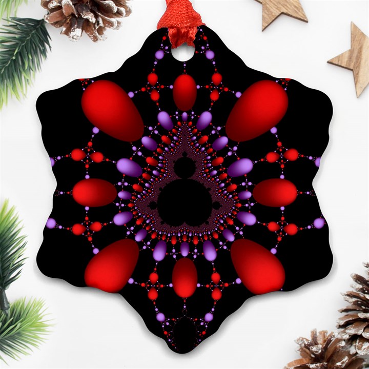 Fractal Red Violet Symmetric Spheres On Black Snowflake Ornament (Two Sides)