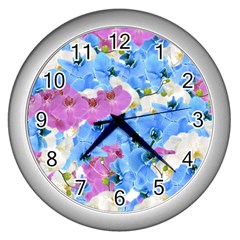 Tulips Flower Pattern Wall Clocks (silver)  by paulaoliveiradesign