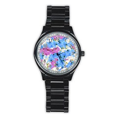 Tulips Flower Pattern Stainless Steel Round Watch by paulaoliveiradesign