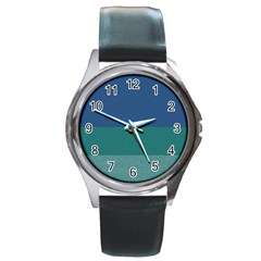 Blue Gradient Glitter Texture Pattern  Round Metal Watch