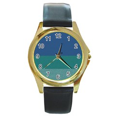 Blue Gradient Glitter Texture Pattern  Round Gold Metal Watch by paulaoliveiradesign