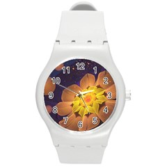 Beautiful Violet & Peach Primrose Fractal Flowers Round Plastic Sport Watch (m) by jayaprime