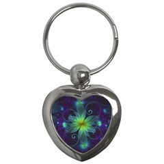 Blue And Green Fractal Flower Of A Stargazer Lily Key Chains (heart)  by jayaprime