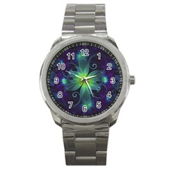 Blue And Green Fractal Flower Of A Stargazer Lily Sport Metal Watch by jayaprime