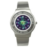 Blue and Green Fractal Flower of a Stargazer Lily Stainless Steel Watch Front