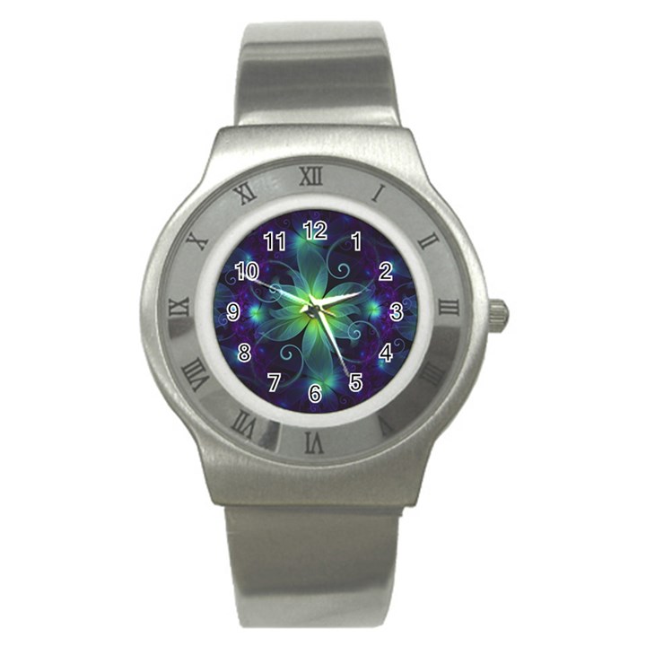 Blue and Green Fractal Flower of a Stargazer Lily Stainless Steel Watch