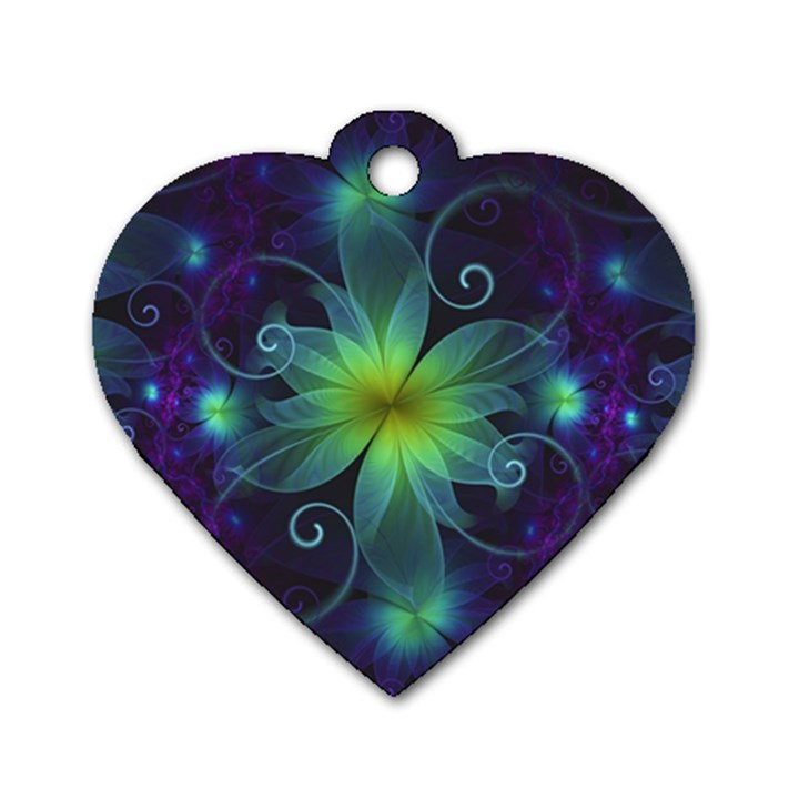 Blue and Green Fractal Flower of a Stargazer Lily Dog Tag Heart (One Side)