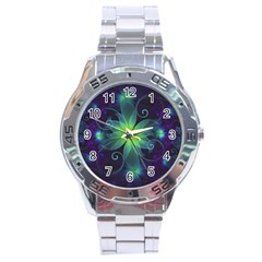 Blue And Green Fractal Flower Of A Stargazer Lily Stainless Steel Analogue Watch by jayaprime