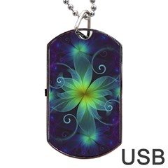 Blue And Green Fractal Flower Of A Stargazer Lily Dog Tag Usb Flash (one Side) by jayaprime