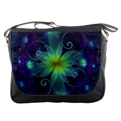 Blue And Green Fractal Flower Of A Stargazer Lily Messenger Bags by jayaprime