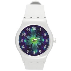 Blue And Green Fractal Flower Of A Stargazer Lily Round Plastic Sport Watch (m) by jayaprime