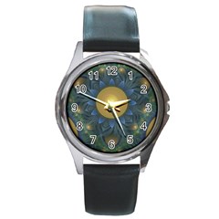 Beautiful Orange & Blue Fractal Sunflower Of Egypt Round Metal Watch by jayaprime