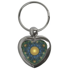 Beautiful Orange & Blue Fractal Sunflower Of Egypt Key Chains (heart)  by jayaprime