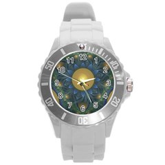 Beautiful Orange & Blue Fractal Sunflower Of Egypt Round Plastic Sport Watch (l) by jayaprime