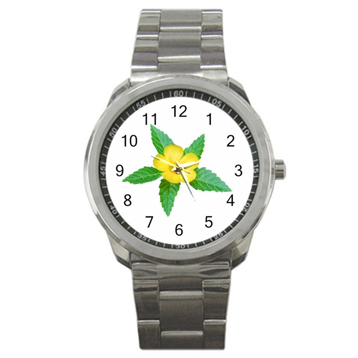 Yellow Flower With Leaves Photo Sport Metal Watch