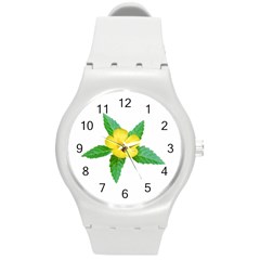 Yellow Flower With Leaves Photo Round Plastic Sport Watch (m) by dflcprints