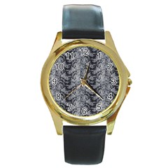 Black Floral Lace Pattern Round Gold Metal Watch