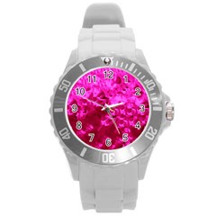 Hot Pink Floral Pattern Round Plastic Sport Watch (l) by paulaoliveiradesign