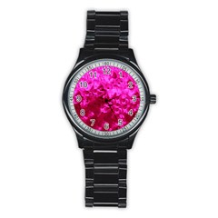 Hot Pink Floral Pattern Stainless Steel Round Watch