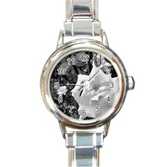 White Rose Black Back Ground Greenery ! Round Italian Charm Watch by CreatedByMeVictoriaB