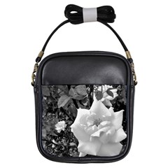 White Rose Black Back Ground Greenery ! Girls Sling Bags