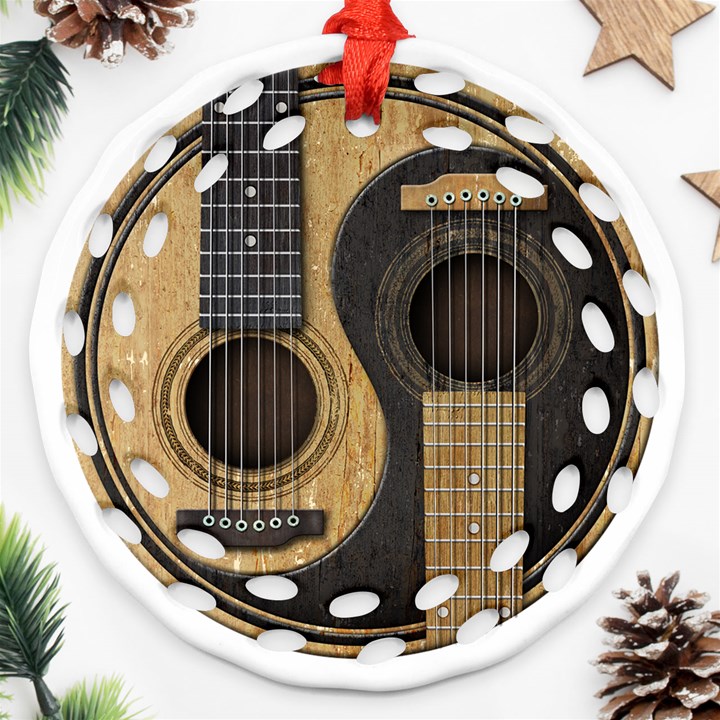 Old And Worn Acoustic Guitars Yin Yang Round Filigree Ornament (Two Sides)