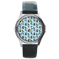 Blue Birds Parrot Pattern Round Metal Watch