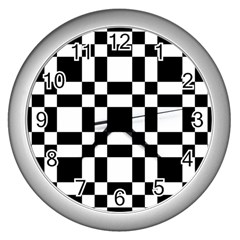 Checkerboard Black And White Wall Clocks (silver)  by Colorfulart23