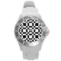 Checkerboard Black And White Round Plastic Sport Watch (L)