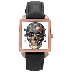 American Flag Skull Rose Gold Leather Watch  by Valentinaart