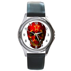 Russian Flag Skull Round Metal Watch by Valentinaart